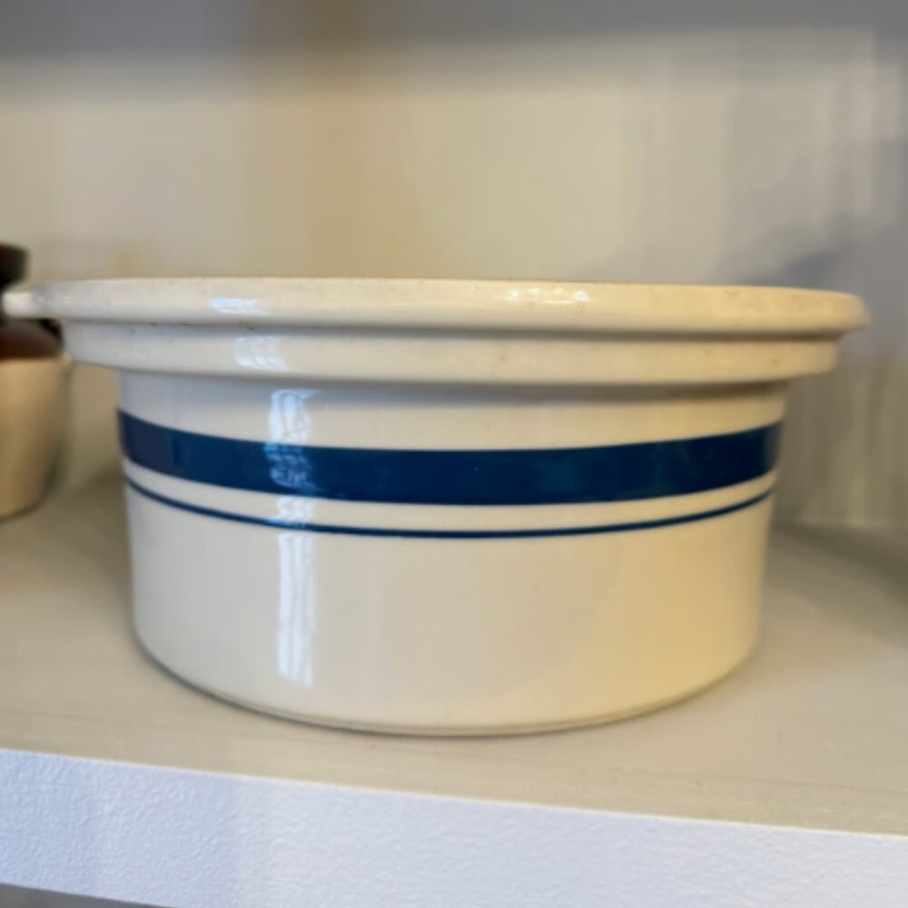 Vintage Roseville Stoneware 2 Qt Casserole Dish Blue Stripe Farmhouse Crock